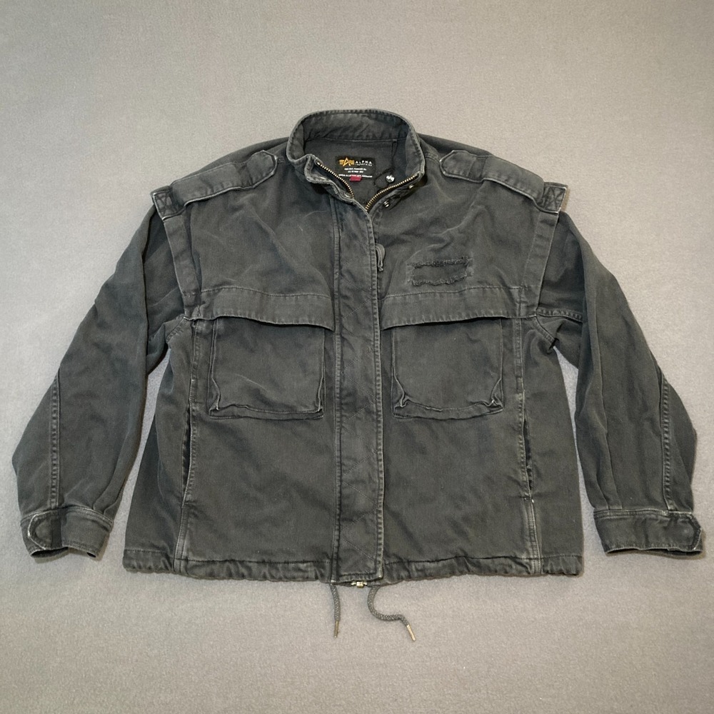 Alpha Industries Field Jacket Black Military Utility Zip Snap Coat Small S
